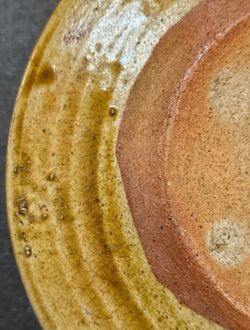 江戸時代後期～明治時代初期　黄瀬戸　織部　彫り絵付　すすきの図　行灯皿　灯り皿