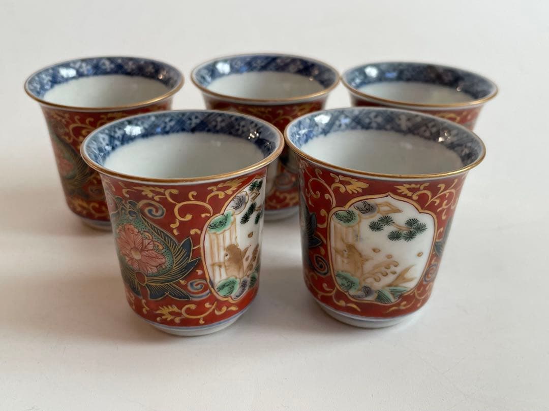 骨董　アンティーク　古伊万里　大聖寺伊万里　色絵　唐草鯉図　筒盃　猪口　五客