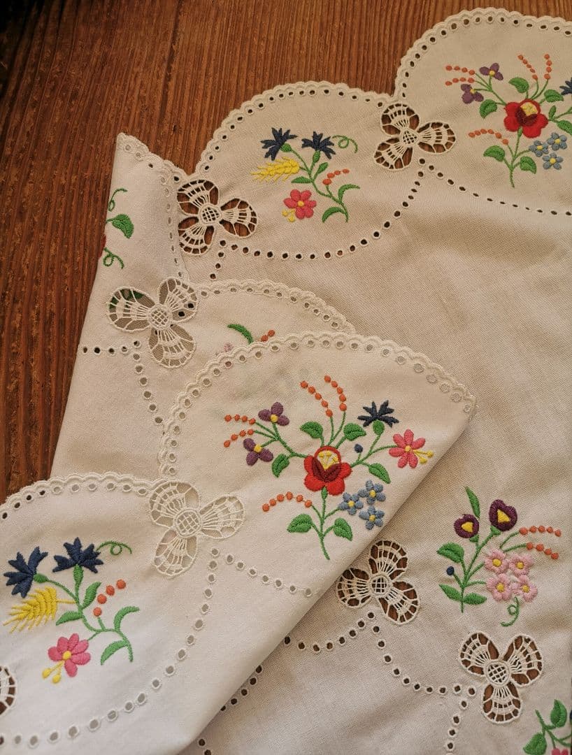 アンティーク ハンガリー カロチャ クローバー透かし刺繍スカラップ リネンクロス