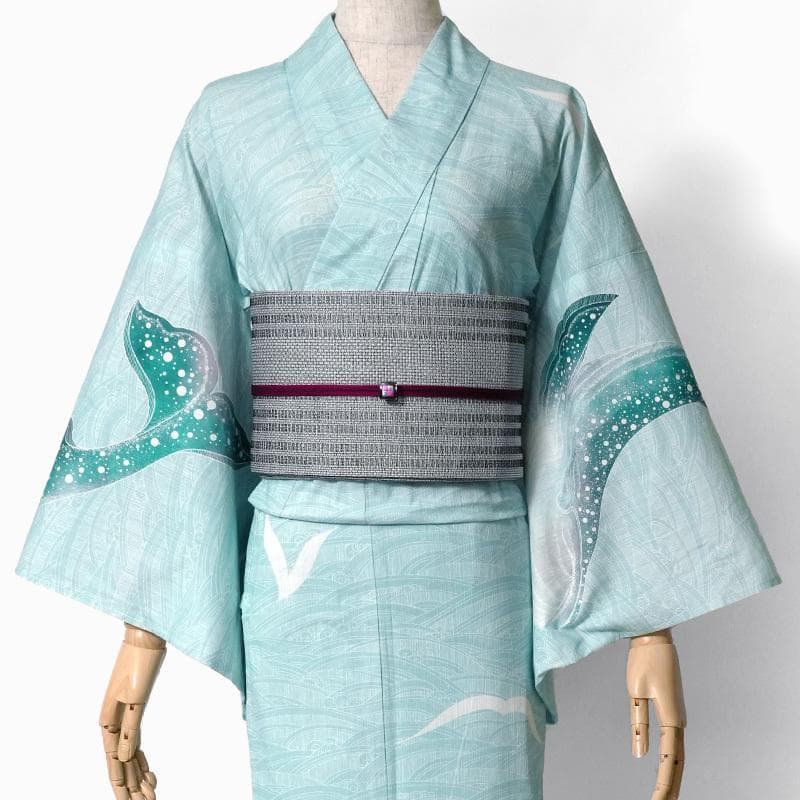 最終品★ミントグリーン地にクジラと波柄★めずらしい絵羽浴衣★夏きもの大人の浴衣