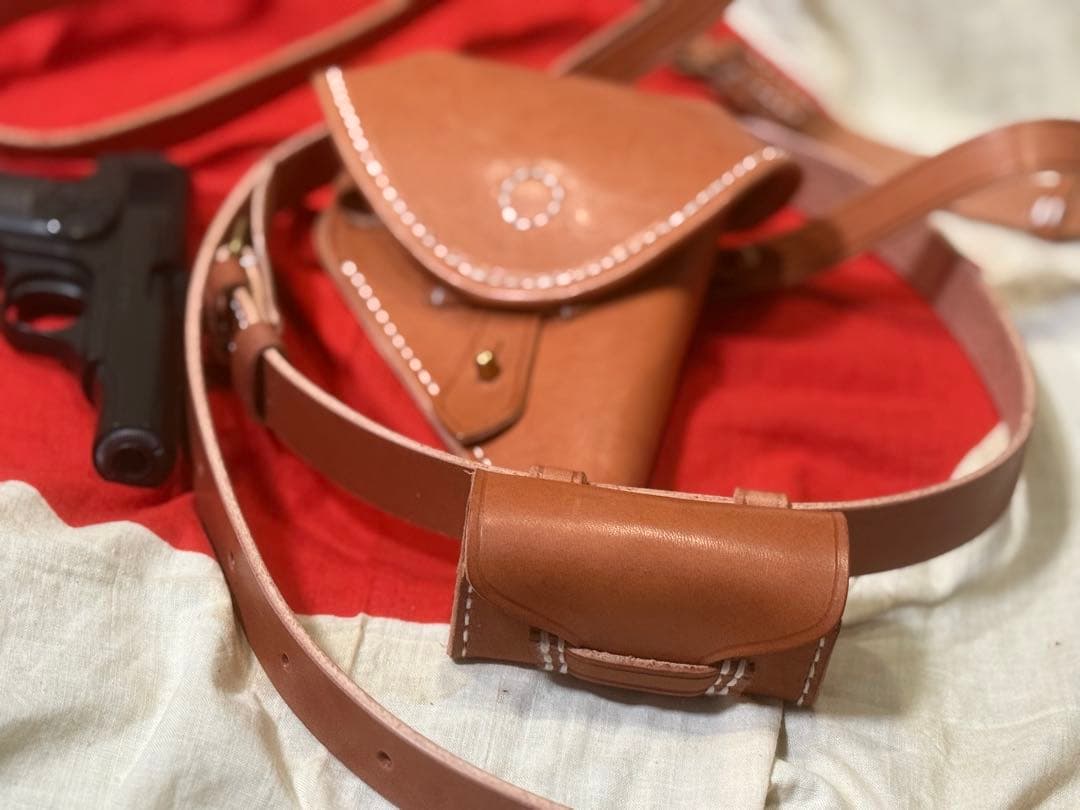 日本軍 ブローニングM1910用ホルスター＋小型拳銃弾薬盒とベルトセット★複製品