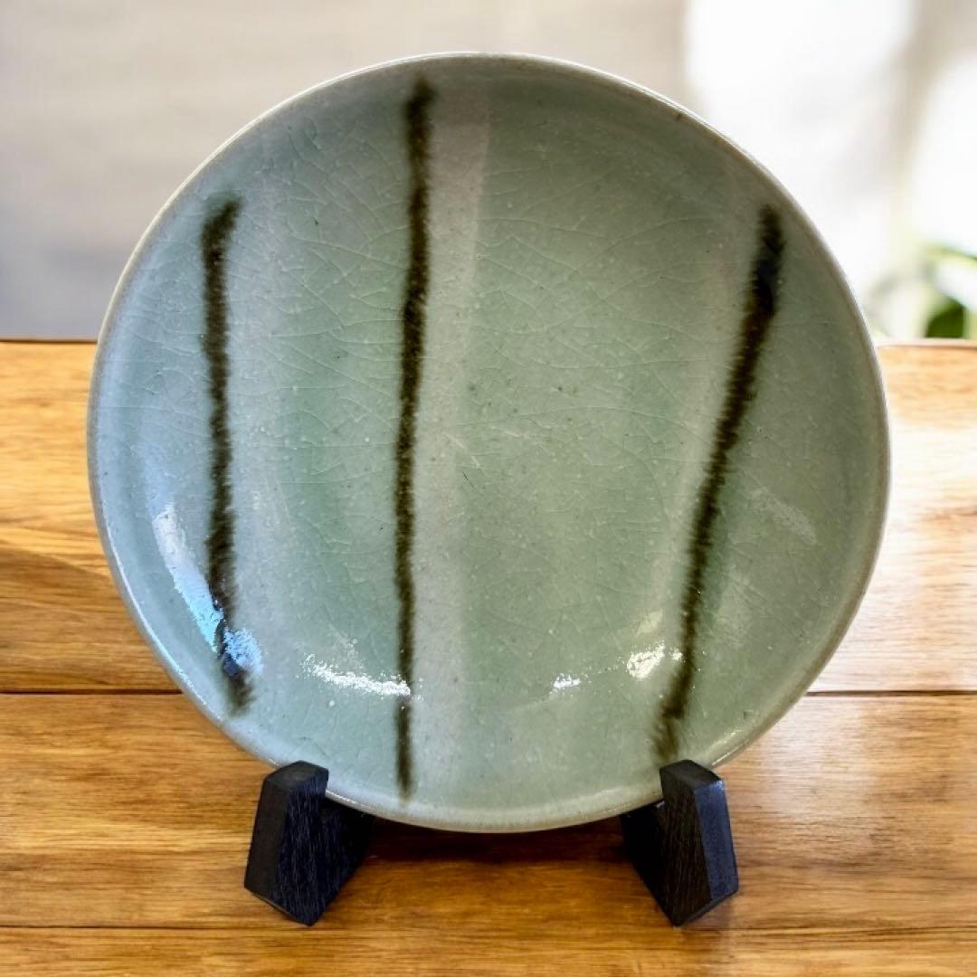 【木村盛伸】緑色ストライプ模様の陶器皿 木箱付き直径20㎝