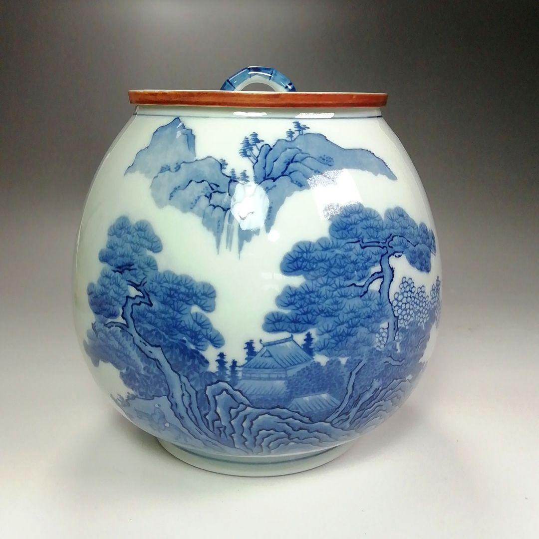 Ｓ４０２　水指　『染付　山水芋頭形』『加藤郷山造』　共箱　茶道具