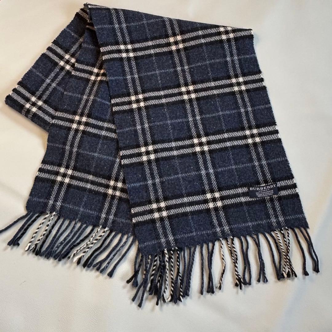 【極美品】バーバリーロンドン カシミヤ100% マフラー ネイビー ノバチェック