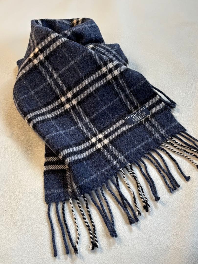 【極美品】バーバリーロンドン カシミヤ100% マフラー ネイビー ノバチェック