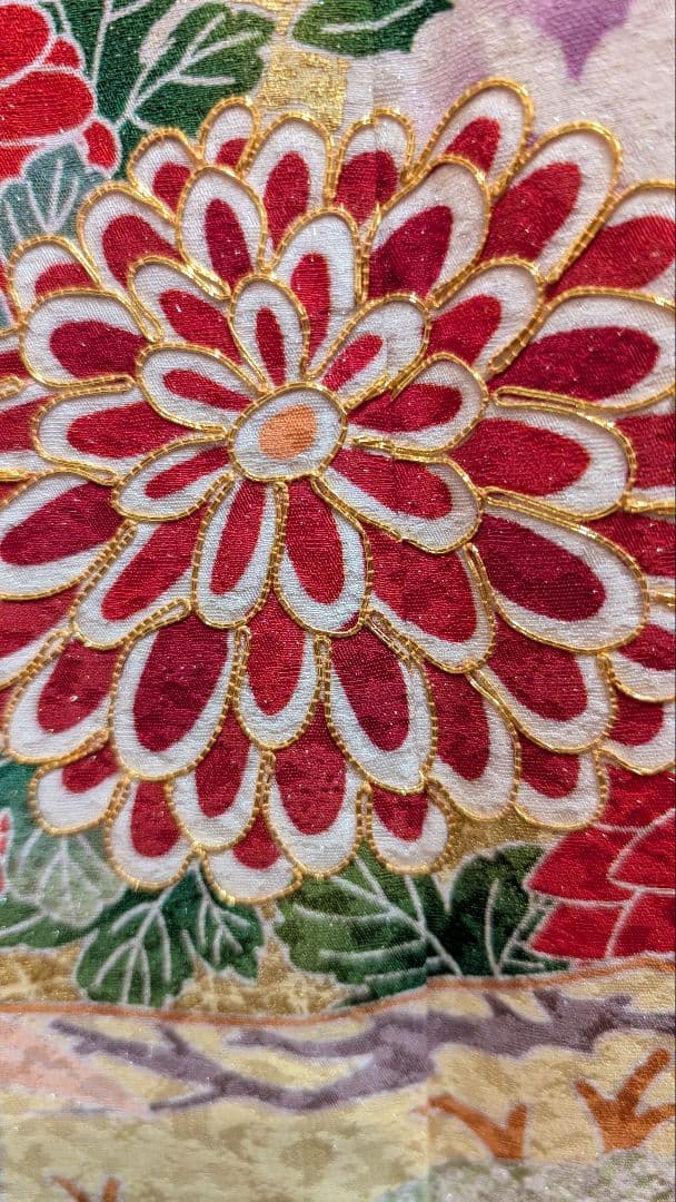 【美品】振袖 花柄 黄色•古典柄 Lサイズ