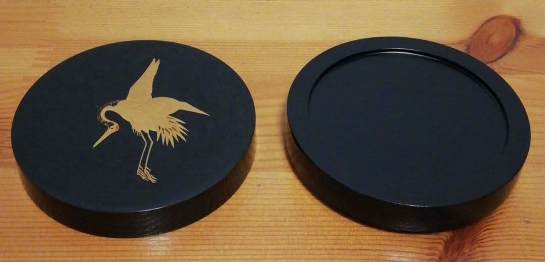 庄次作　真塗　鶴　蒔絵　香合　共箱　茶道具