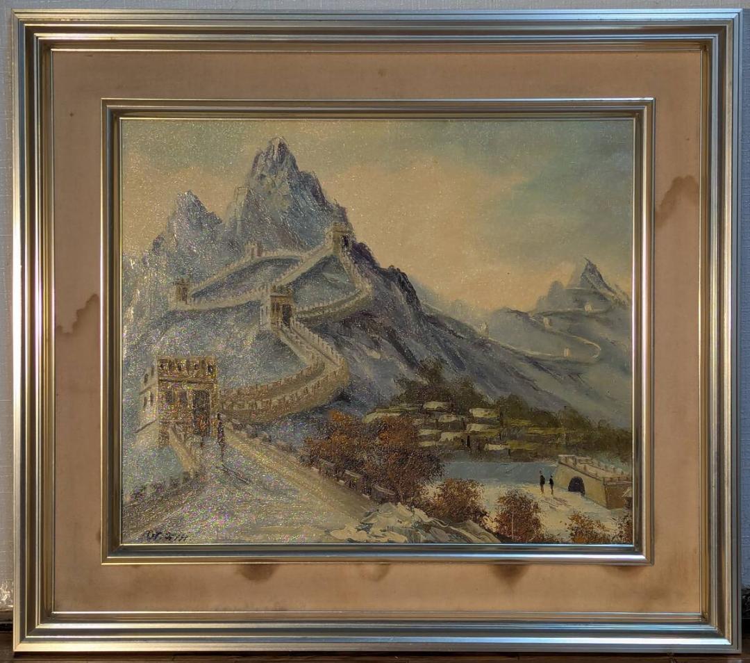 【真作】絵画　油彩8号　万里の長城を望む雄大な山岳風景　歴史遺産　Y182