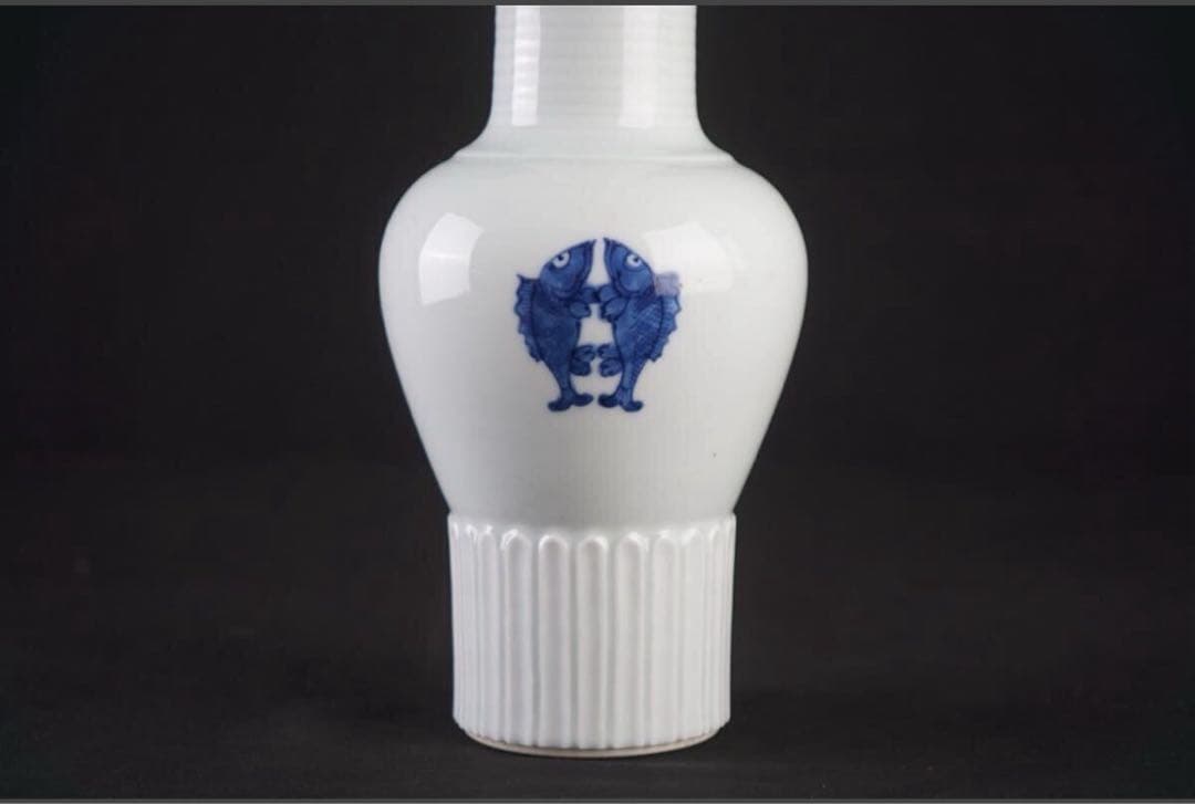 九谷 須田菁華 造 染付雙魚絵花瓶 共箱 華道具 保証品