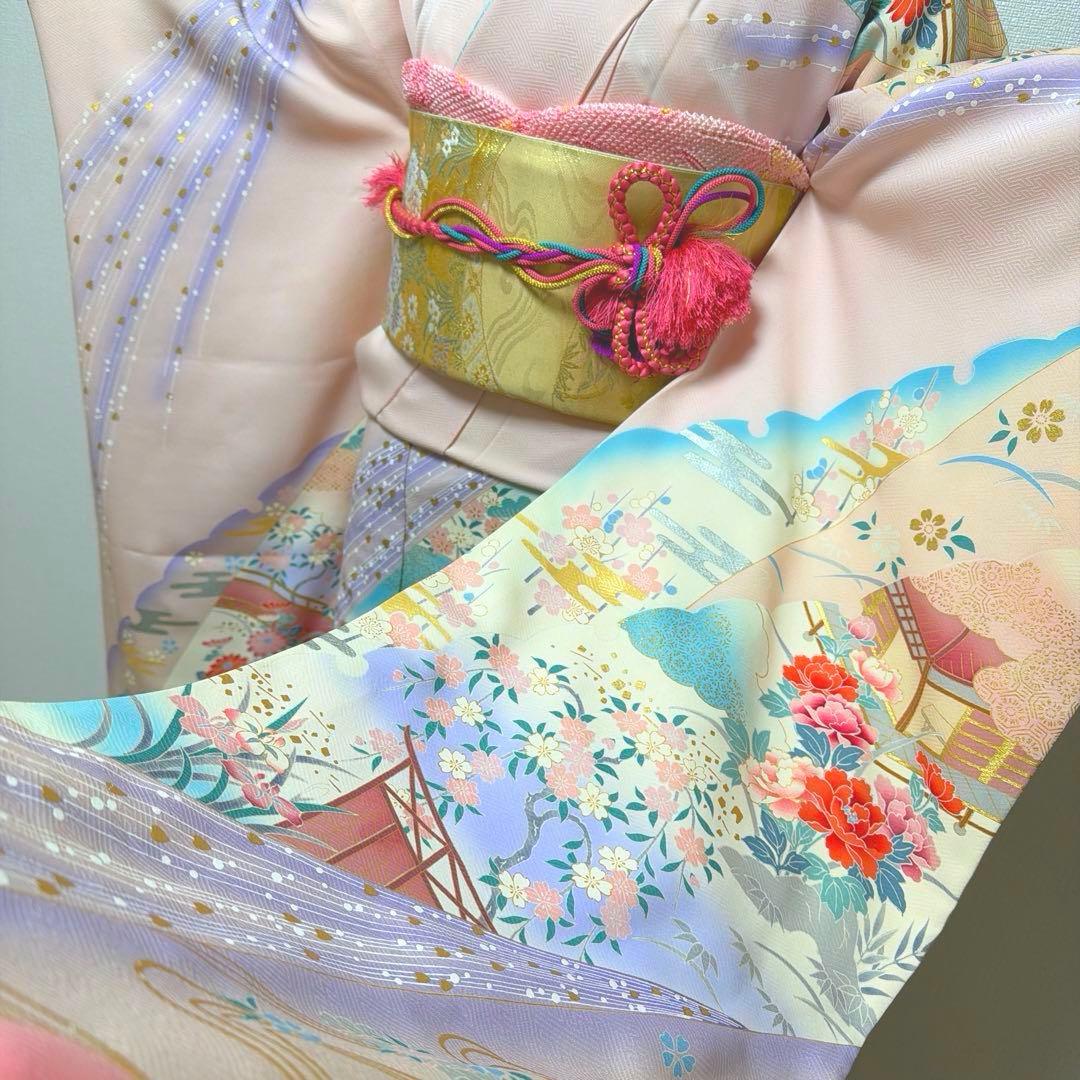 12 振袖フルセット 正絹 薄桃 ピンク 水色 金彩 暈し染め 華やか 小柄さん