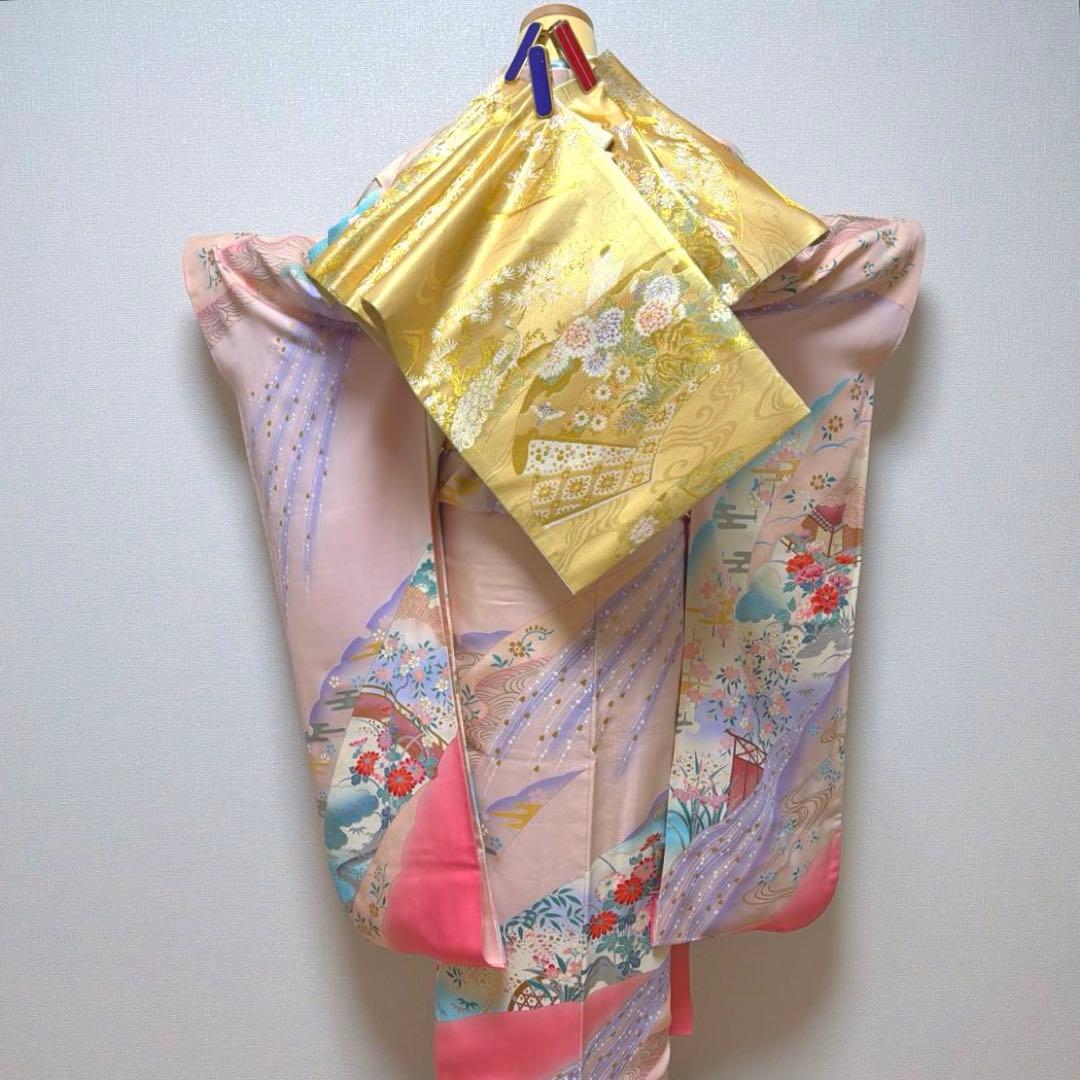12 振袖フルセット 正絹 薄桃 ピンク 水色 金彩 暈し染め 華やか 小柄さん