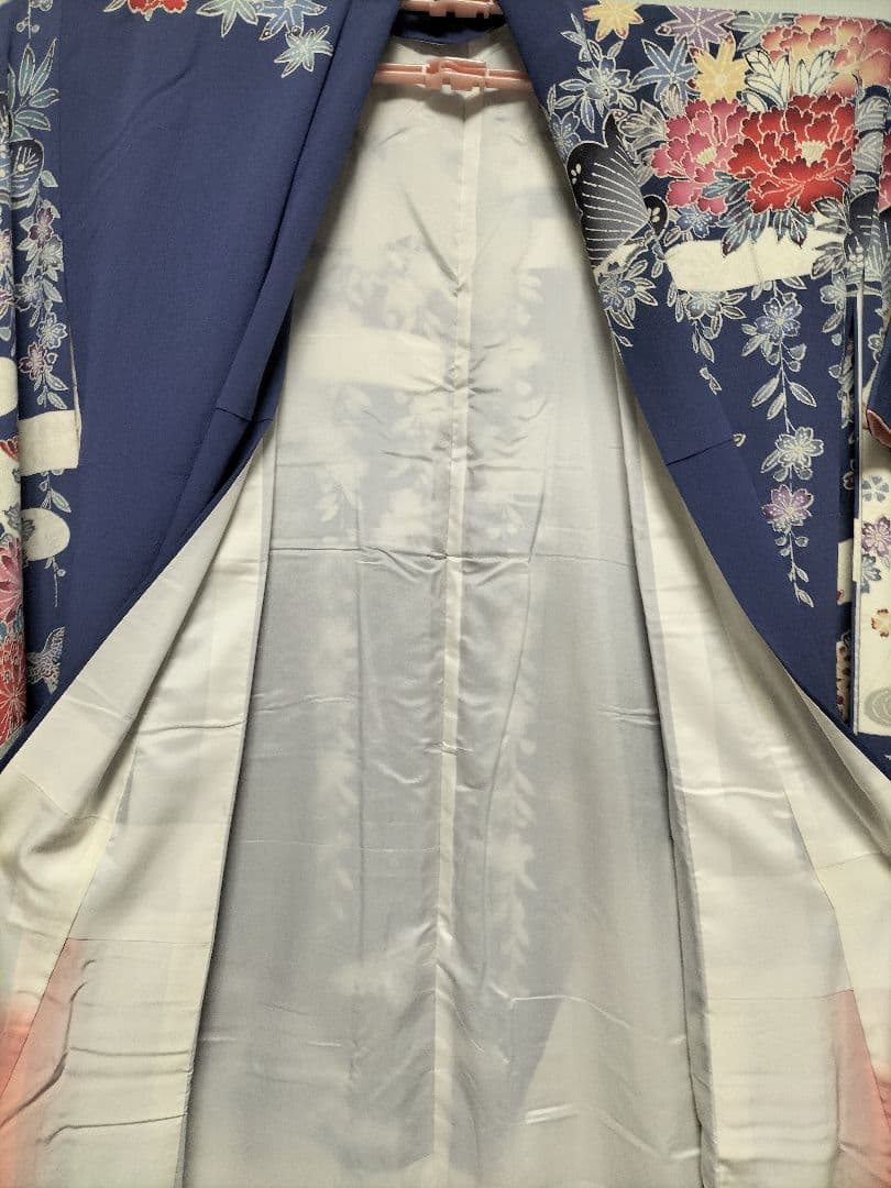 加賀友禅振袖　正絹　藍色　美品　縁起良い柄　成人式　長襦袢つき