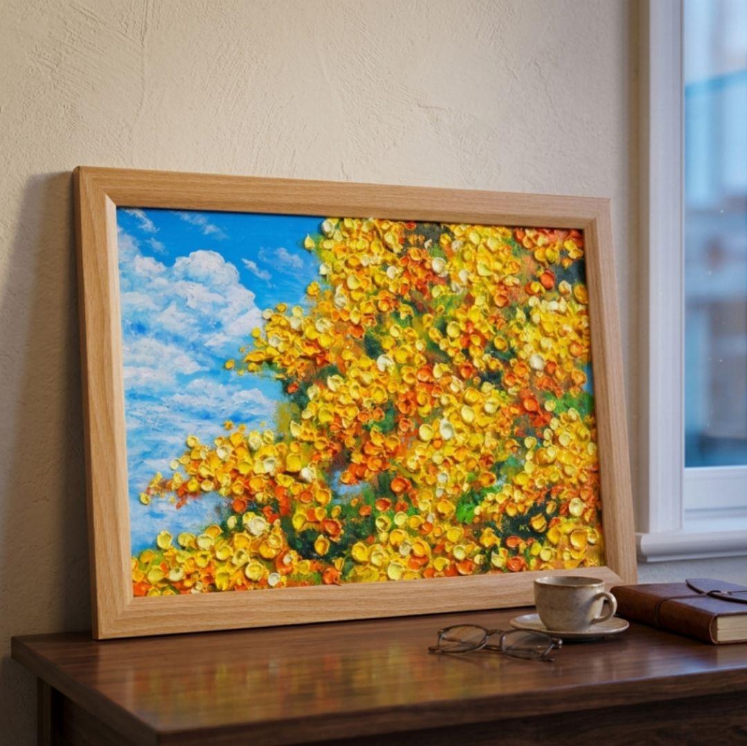 油絵 油彩 油彩画 絵 絵画　【青空のミモザ】