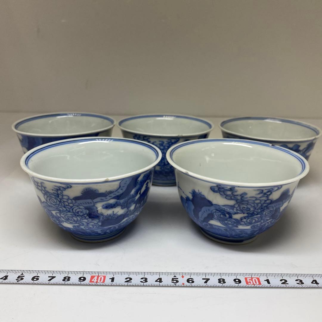 中国古玩　大明嘉靖年製　青花汲出碗5客　径約10.5㎝東Y7-0404③トヒチサ