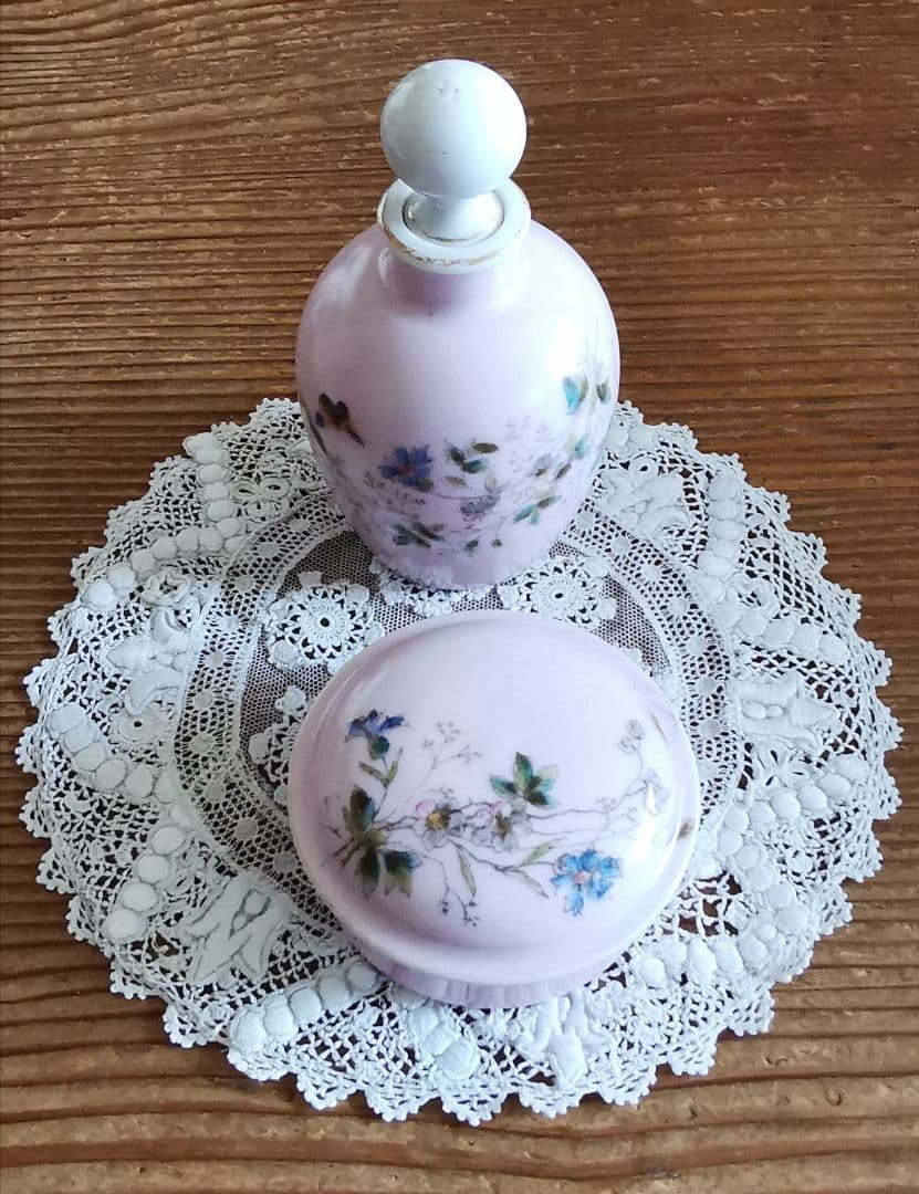 アンティーク リモージュ焼 手描き ビクトリアドレッシングセット ボトル＆宝石箱