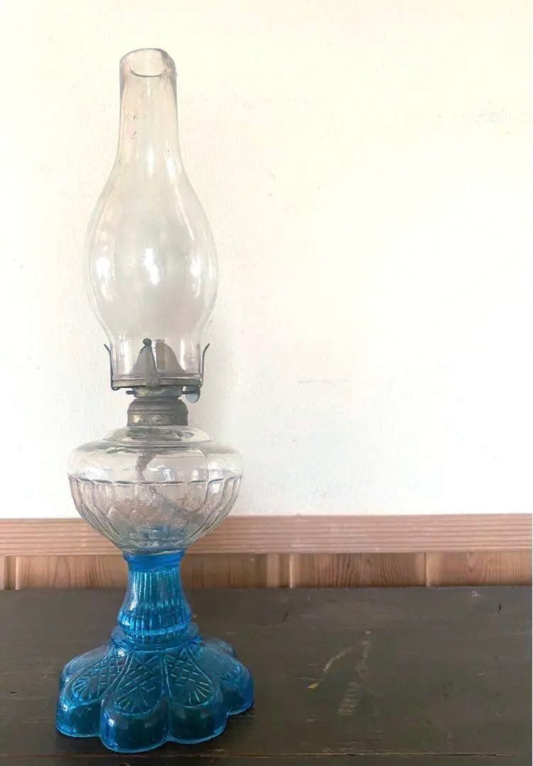 632 卓上ランプ　明治期　インテリア　青ガラスランプ　アンティークランプ
