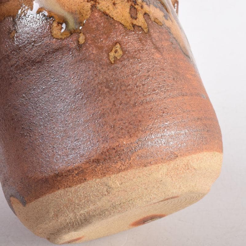 茶道具　萩焼　守繁栄徹作　耳付茶入　名物鷄頭金襴仕覆付　共布共箱　V　8498