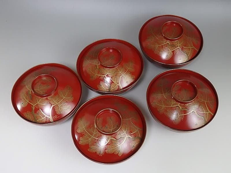 金蒔絵　若松の図　朱塗吸物椀　木製品　５客　A-FFm