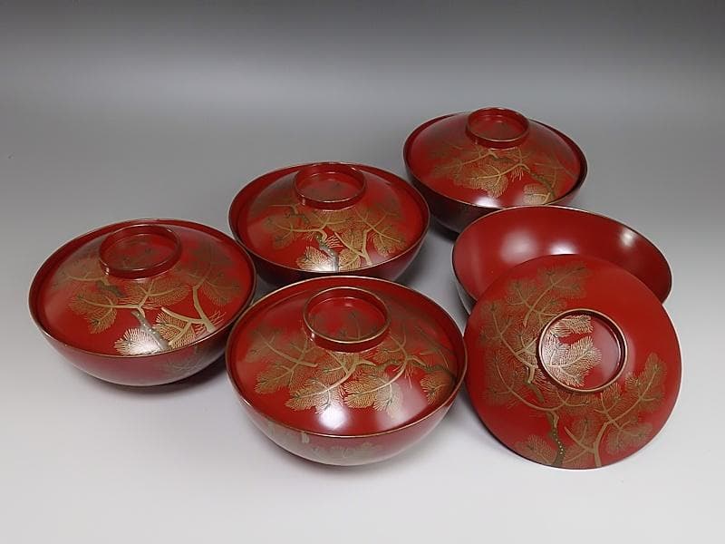 金蒔絵　若松の図　朱塗吸物椀　木製品　５客　A-FFm