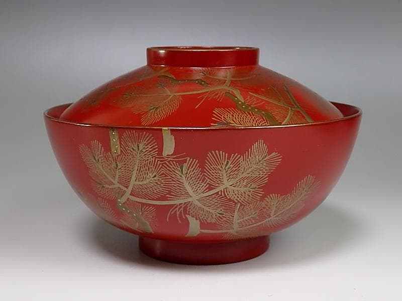 金蒔絵　若松の図　朱塗吸物椀　木製品　５客　A-FFm