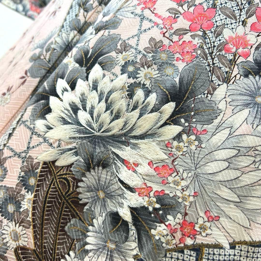 384 振袖フルセット 正絹 ピンク 桃 金彩 刺繍 駒刺繍 フェミニン 総柄