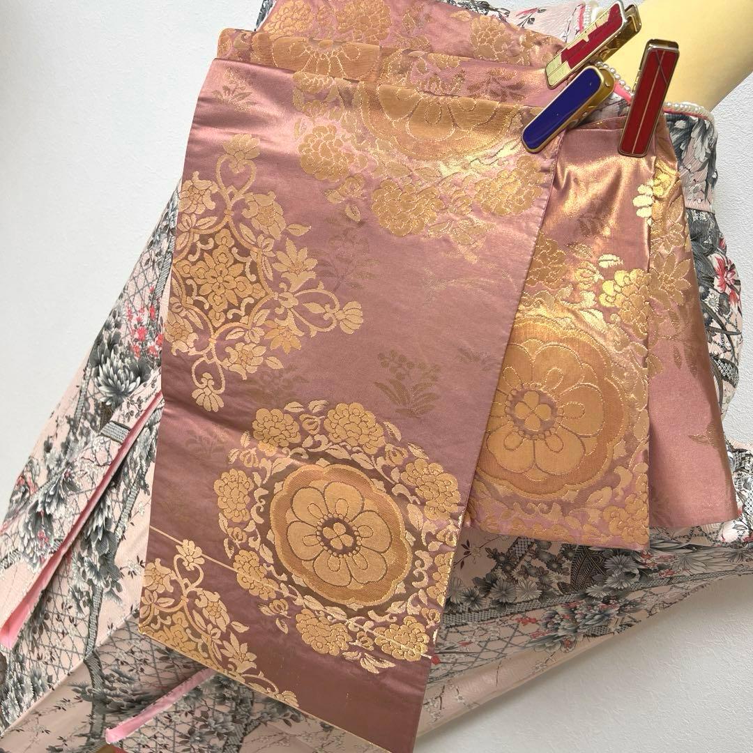 384 振袖フルセット 正絹 ピンク 桃 金彩 刺繍 駒刺繍 フェミニン 総柄