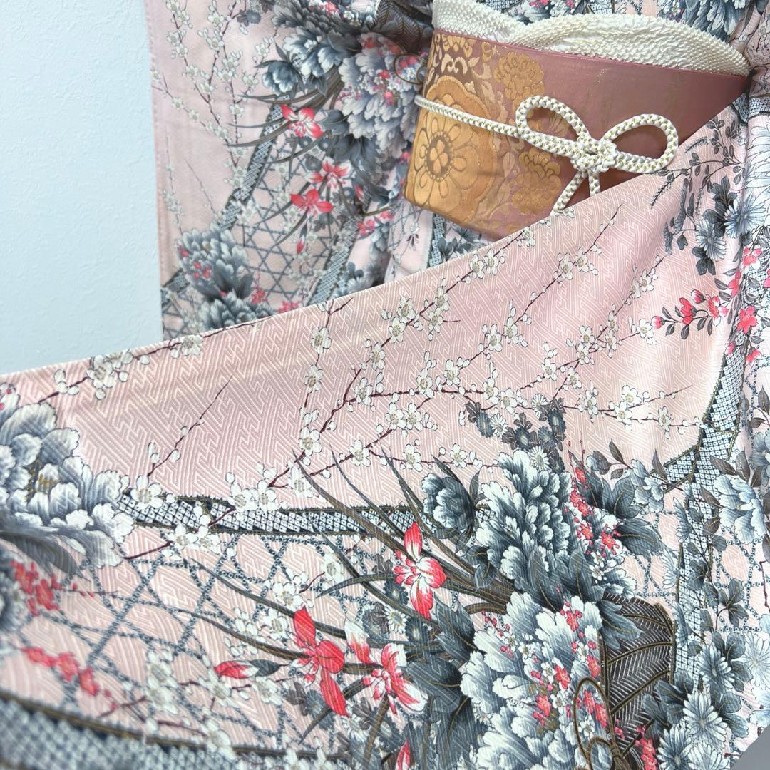 384 振袖フルセット 正絹 ピンク 桃 金彩 刺繍 駒刺繍 フェミニン 総柄