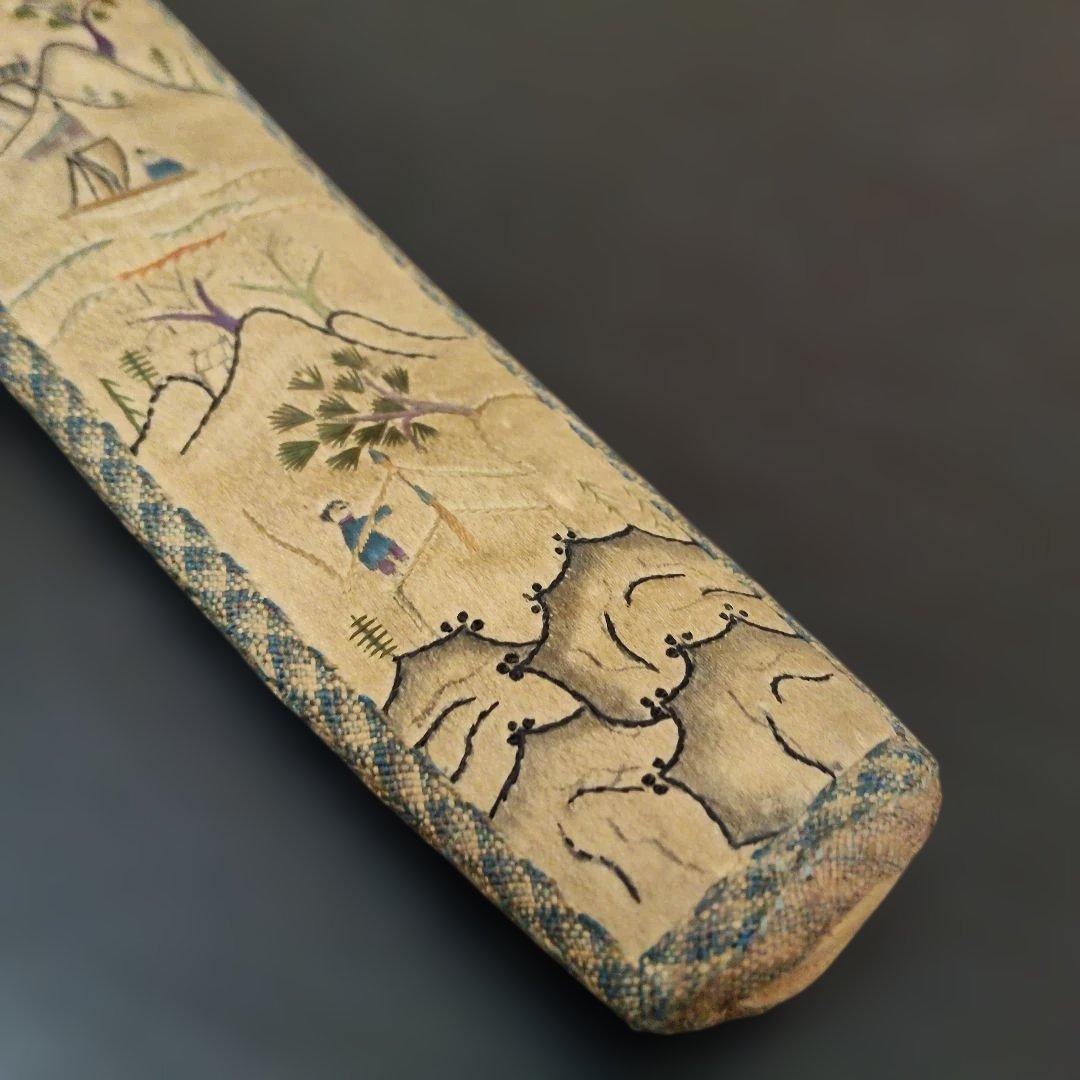 中国　シルク刺繍　扇子入れ　骨董