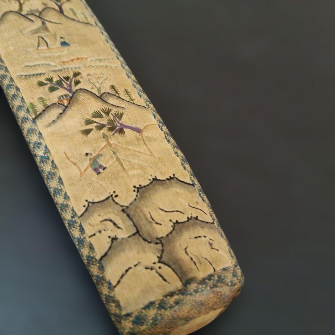 中国　シルク刺繍　扇子入れ　骨董