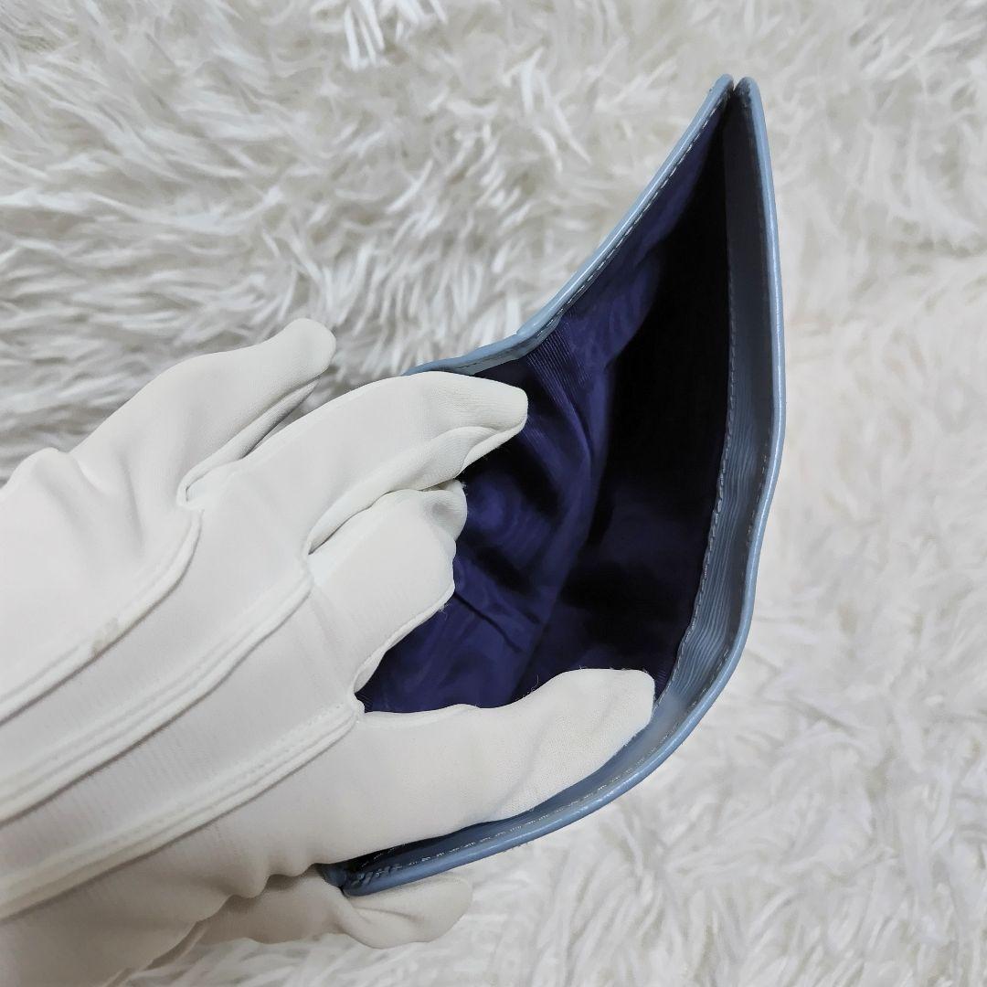 レア極美品✨プラダ◇バイカラーミディアム二つ折り財布　ゴールド金具ネイビーブルー