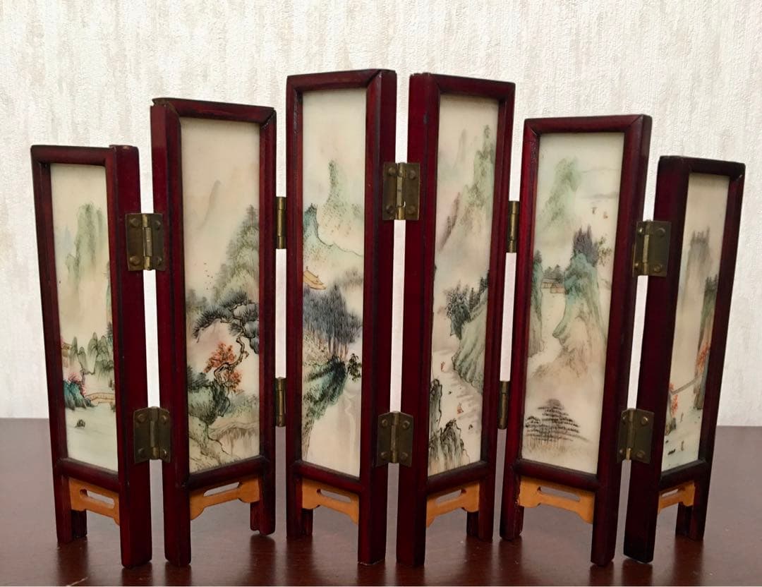 ★中国美術工芸品　天然石　ミニ屏風　両面飾り　風景画　花画