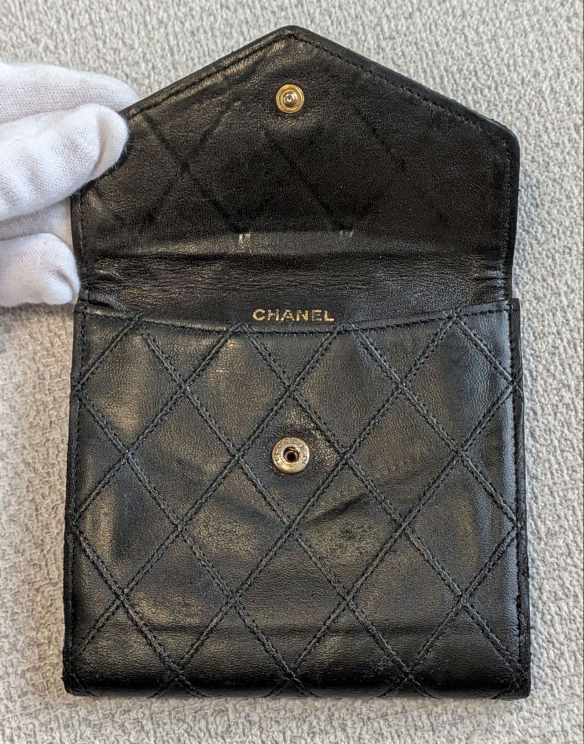 シャネル　ビコローレ　Wホック折り財布　ラムスキン　黒　ミニ財布　ショルダー