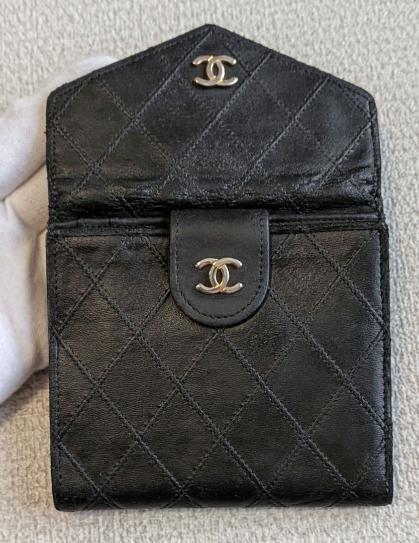 シャネル　ビコローレ　Wホック折り財布　ラムスキン　黒　ミニ財布　ショルダー