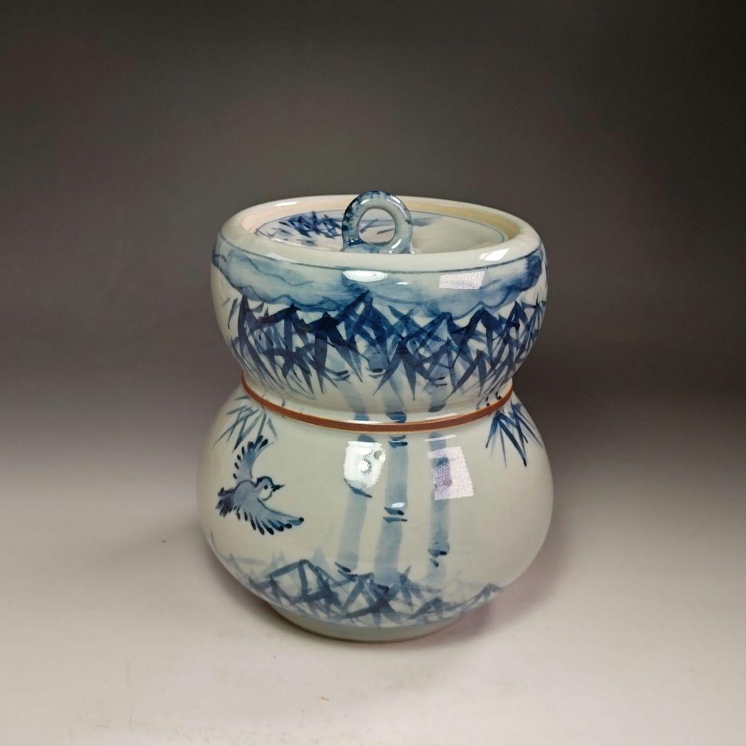 イ459 水指『水野菊晃作』『染付瓢形水指竹林仙人図　共箱　美濃焼』茶道具