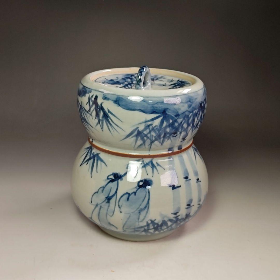 イ459 水指『水野菊晃作』『染付瓢形水指竹林仙人図　共箱　美濃焼』茶道具