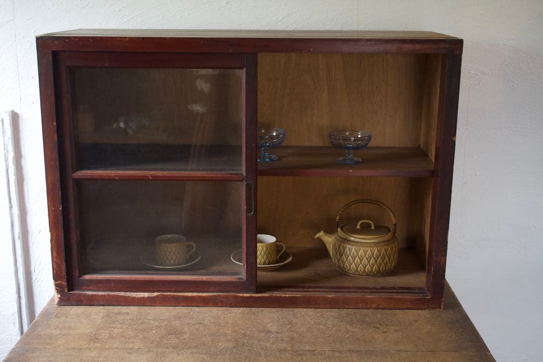 木製ガラス戸棚　食器棚　古家具　アンティーク