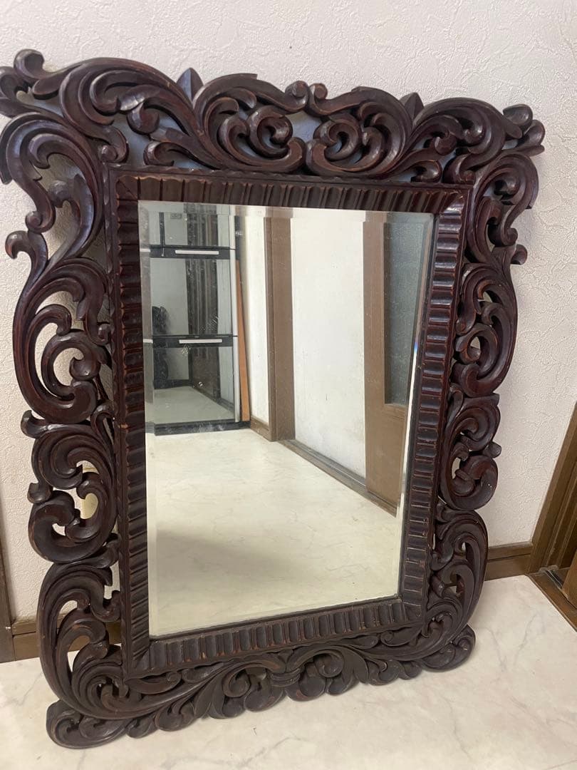 アンティーク　アジアンスタイル 木製彫刻鏡