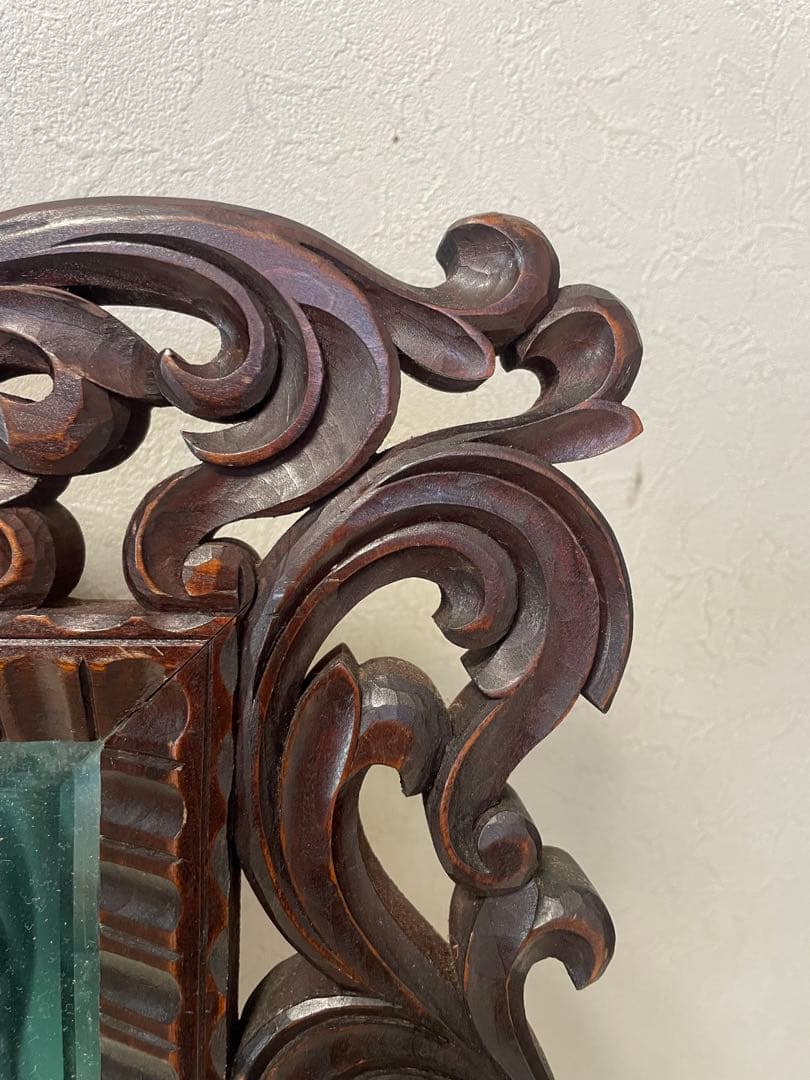 アンティーク　アジアンスタイル 木製彫刻鏡