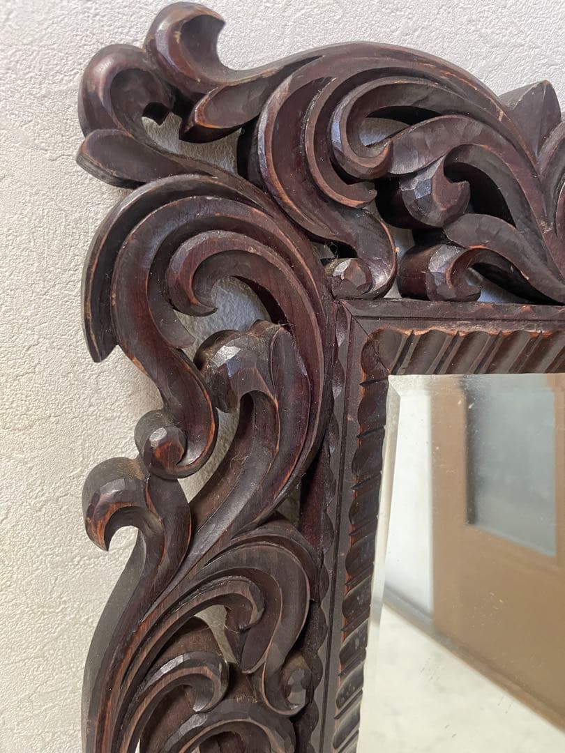 アンティーク　アジアンスタイル 木製彫刻鏡