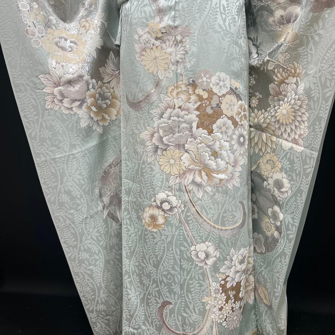 水色の牡丹や菊の上品な振袖フルセット(大きくお仕立て出来ます)