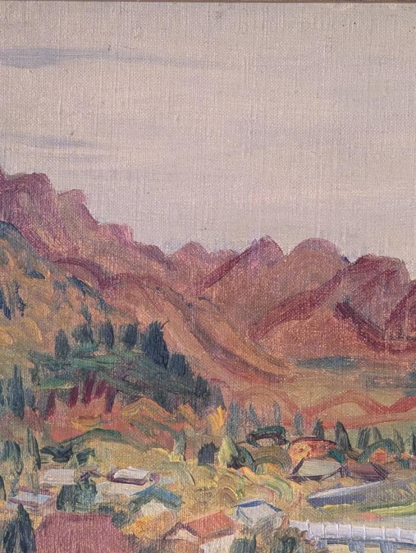 【模写】絵画　平塚運一　油彩3号（ボード）　甲州風景　重厚な筆致　箱入　W188