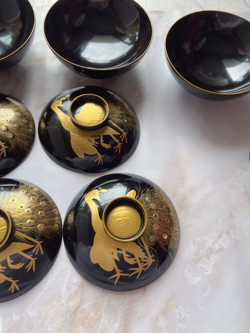 アンティーク　輪島塗 黒塗　孔雀　金蒔絵　細工 漆器 吸物雑煮汁椀 吸物椀