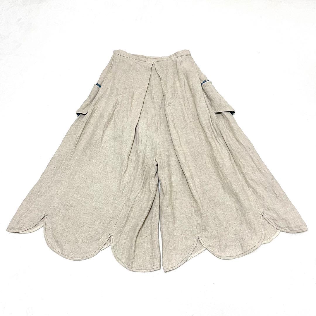 麻100%✨キャピタル バラ釦 藍染風ポケット アシンメトリー裾 ガウチョパンツ