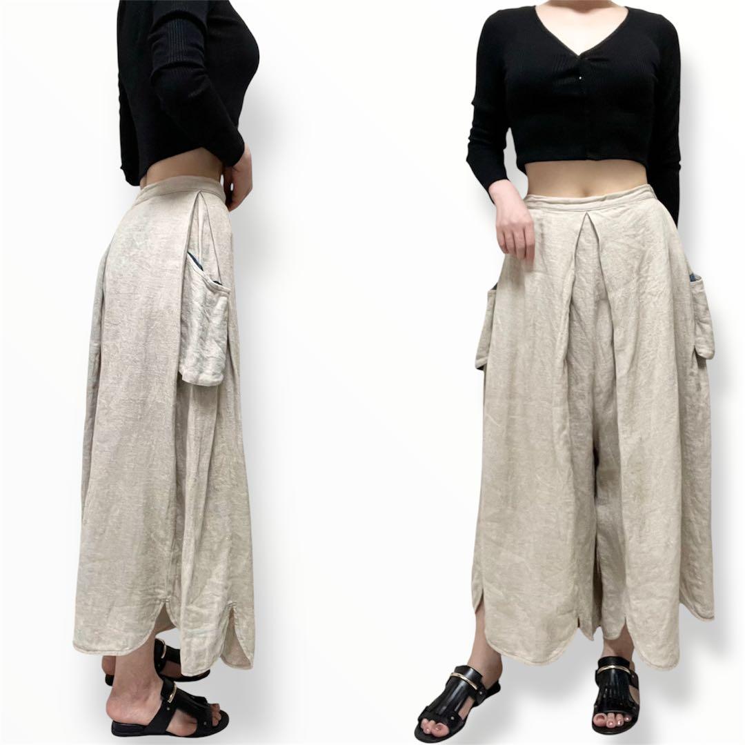 麻100%✨キャピタル バラ釦 藍染風ポケット アシンメトリー裾 ガウチョパンツ