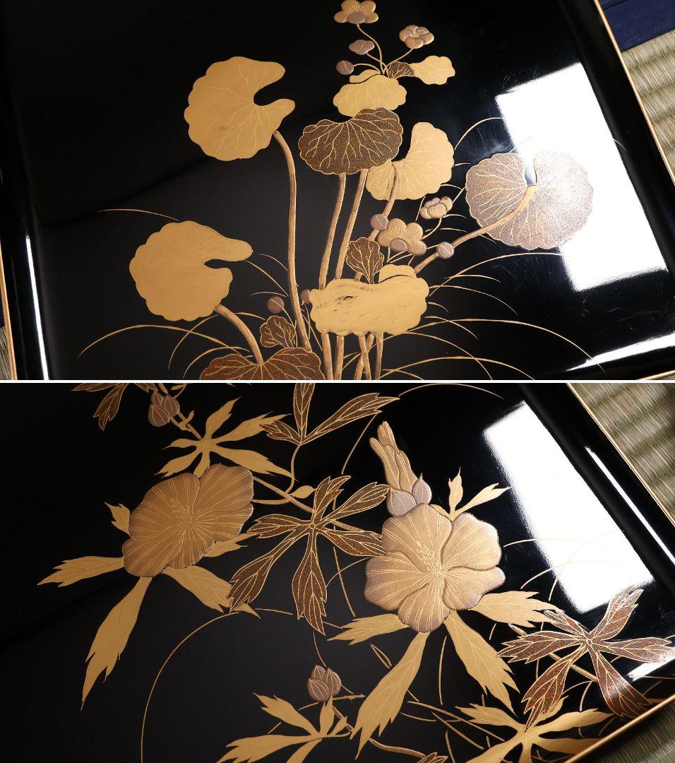 木製漆器 草花 絵変蒔絵 蝋色塗 吸物膳 十客 足付 四方膳 梨地【CM282】