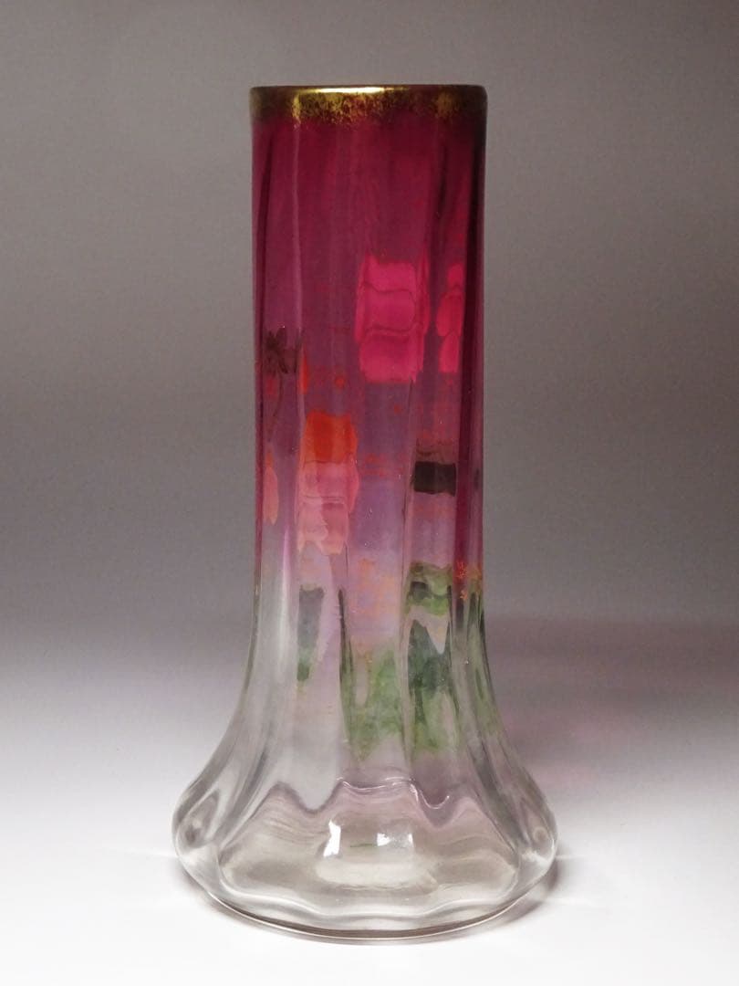 20世紀初頭 フランスアンティーク 金赤ガラス エナメル・金彩スミレ図花瓶 花器