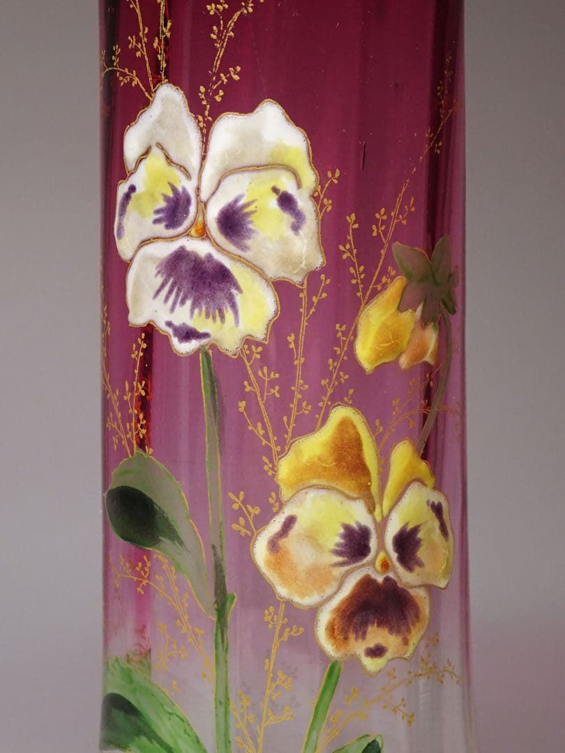 20世紀初頭 フランスアンティーク 金赤ガラス エナメル・金彩スミレ図花瓶 花器