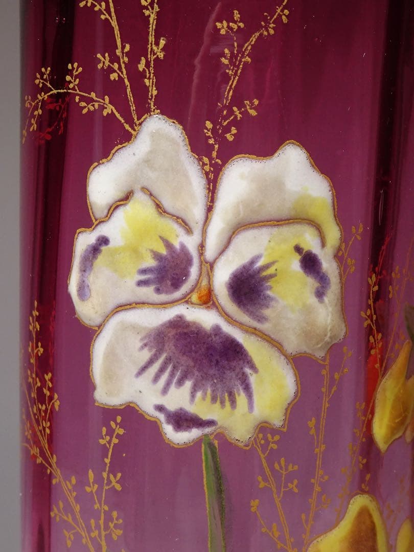 20世紀初頭 フランスアンティーク 金赤ガラス エナメル・金彩スミレ図花瓶 花器