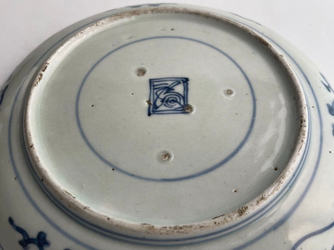 骨董　アンティーク　古伊万里　染付　波濤桜捻文様　六寸皿　丸皿　輪花皿　渦福