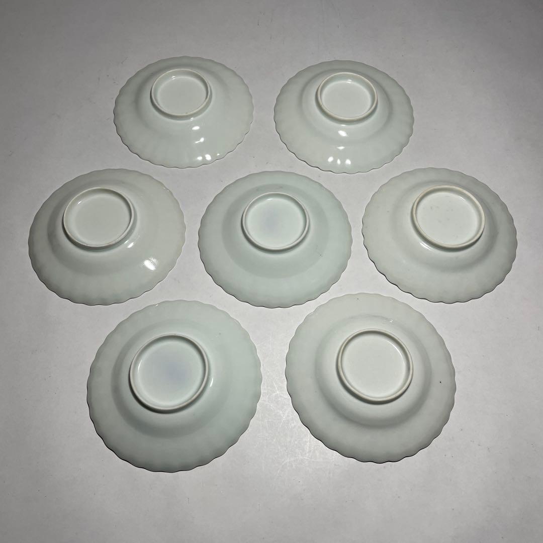 ◆染付菊形輪花皿7枚 花文 小皿中皿 旧家蔵出し品 美品 江戸幕末期〜明治初期◆